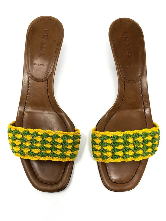 Vintage Prada Green Yellow Crochet Raffia Kitten Heels Slides Sandals 37.5 7.5 - Picture 2 of 10